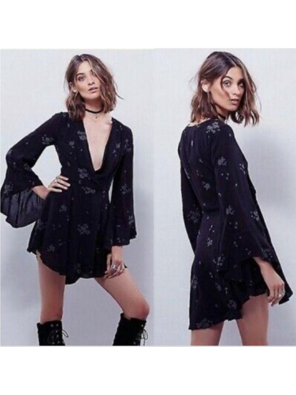 Free People Jasmine embroidered bell sleeve mini dress